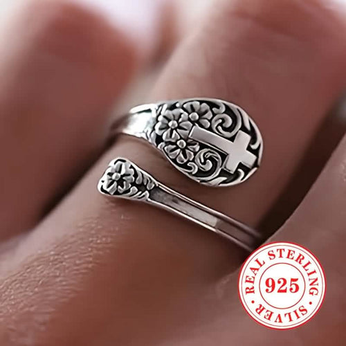 925 Sterling Silver Bohemian Faith Ring – Adjustable Vintage Cross - Two & Gathered