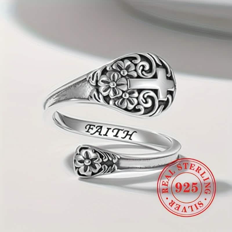 925 Sterling Silver Bohemian Faith Ring – Adjustable Vintage Cross - Two & Gathered