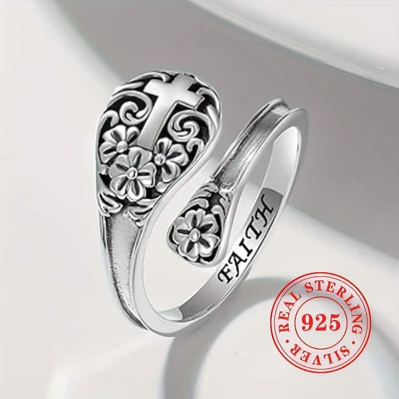 925 Sterling Silver Bohemian Faith Ring – Adjustable Vintage Cross - Two & Gathered
