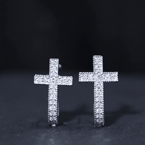 Certified Moissanite Cross J Hoop Earrings in Sterling Silver