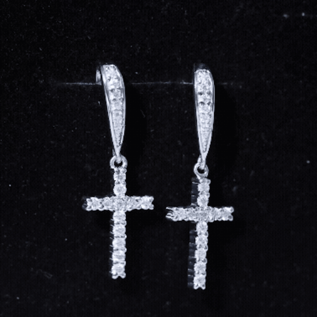 Certified Moissanite Cross Dangle Earrings in Sterling Silver