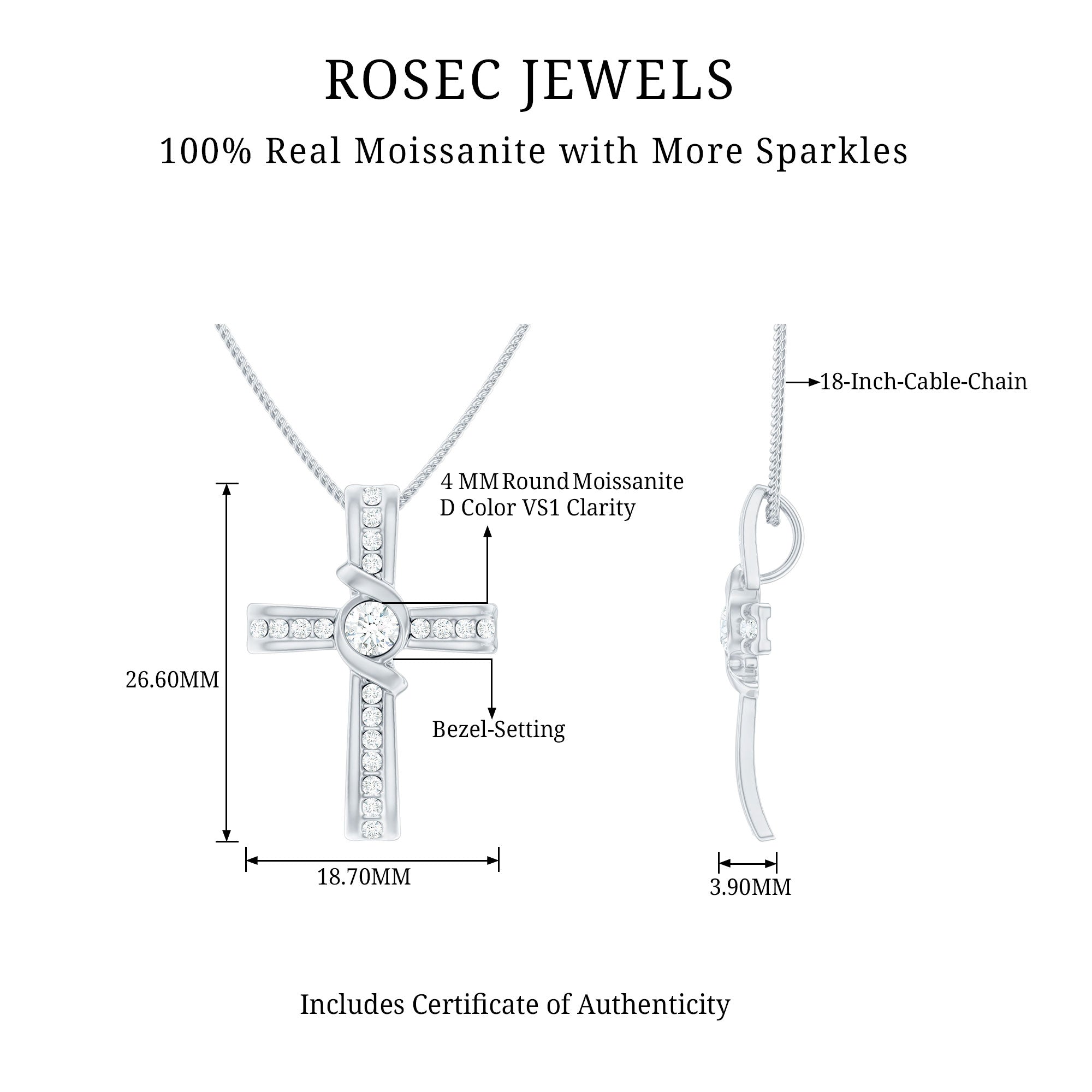 Certified Moissanite Cross Pendant Necklace with Silver Chain