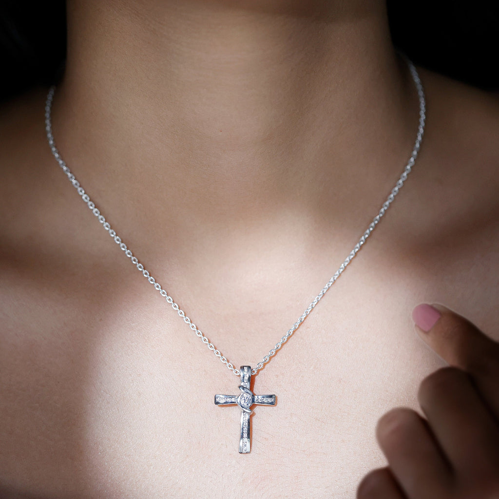 Certified Moissanite Cross Pendant Necklace with Silver Chain