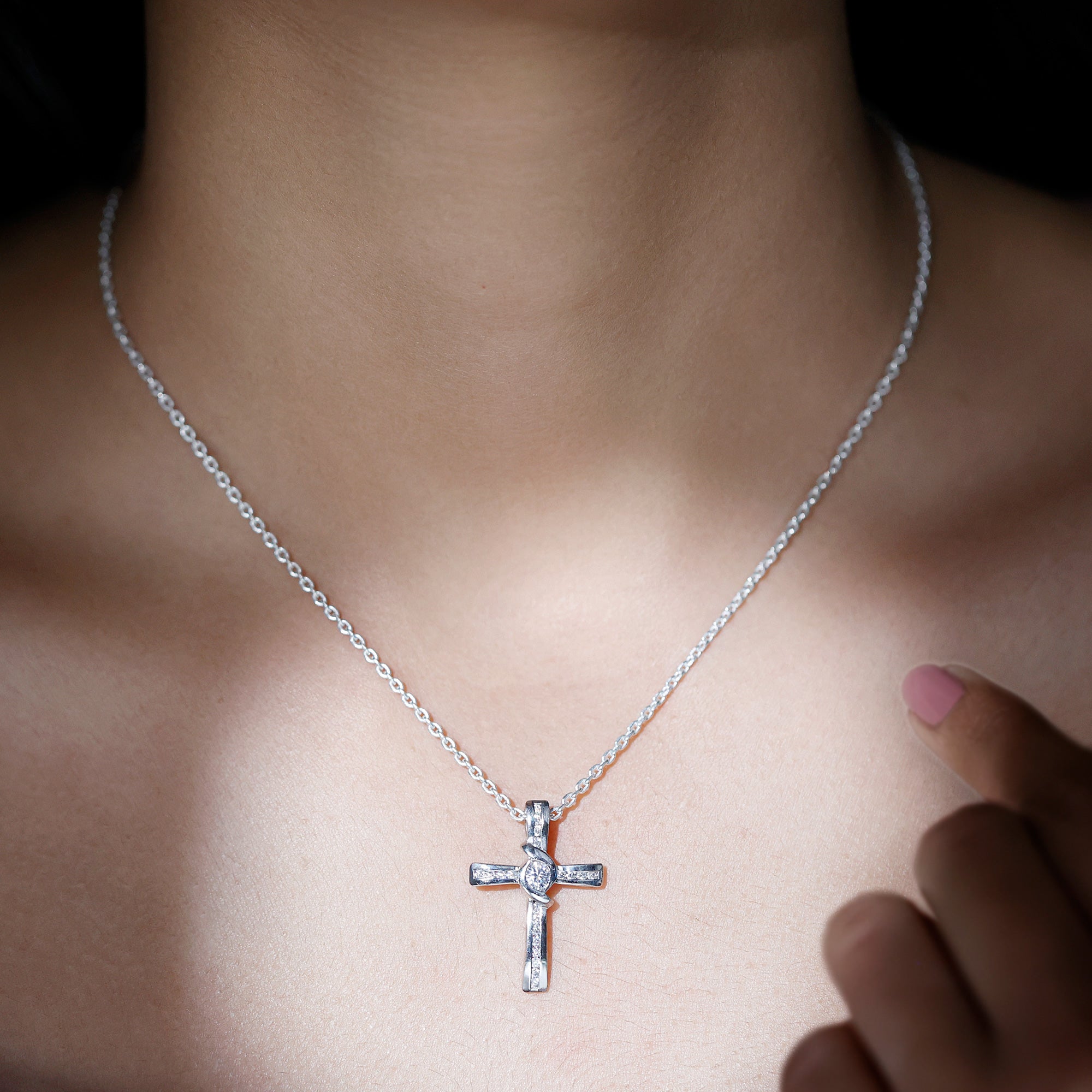 Certified Moissanite Cross Pendant Necklace with Silver Chain