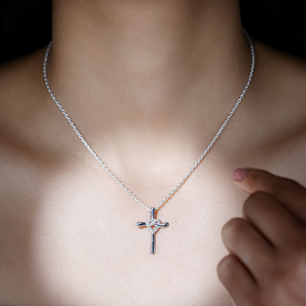 Certified Moissanite Cross Heart Pendant Necklace with Silver Chain