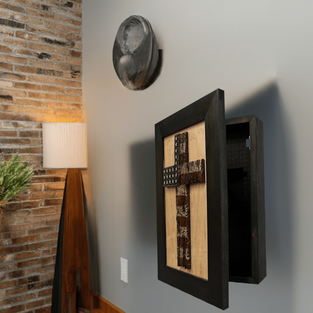 American Flag Cross Decorative Wall - Mounted Secure Gun Cabinet - Two & Gathered