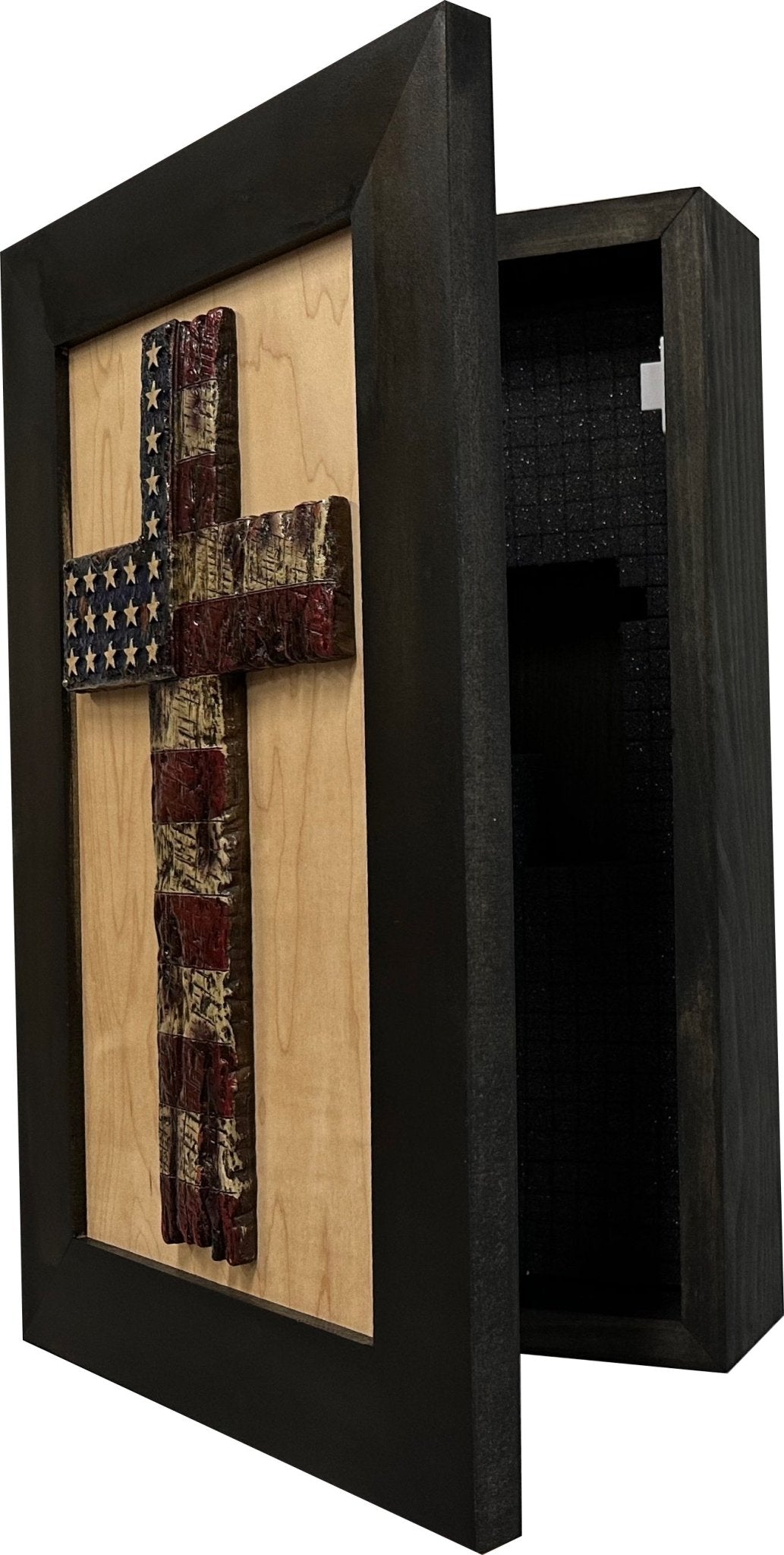 American Flag Cross Decorative Wall - Mounted Secure Gun Cabinet - Two & Gathered