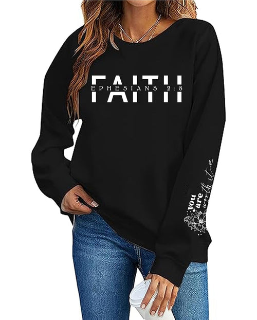AMWIPE Christian Sweatshirt Women Faith Shirts Christian Religious Pullover Bible Verse Long Sleeve Top Black - Two & Gathered