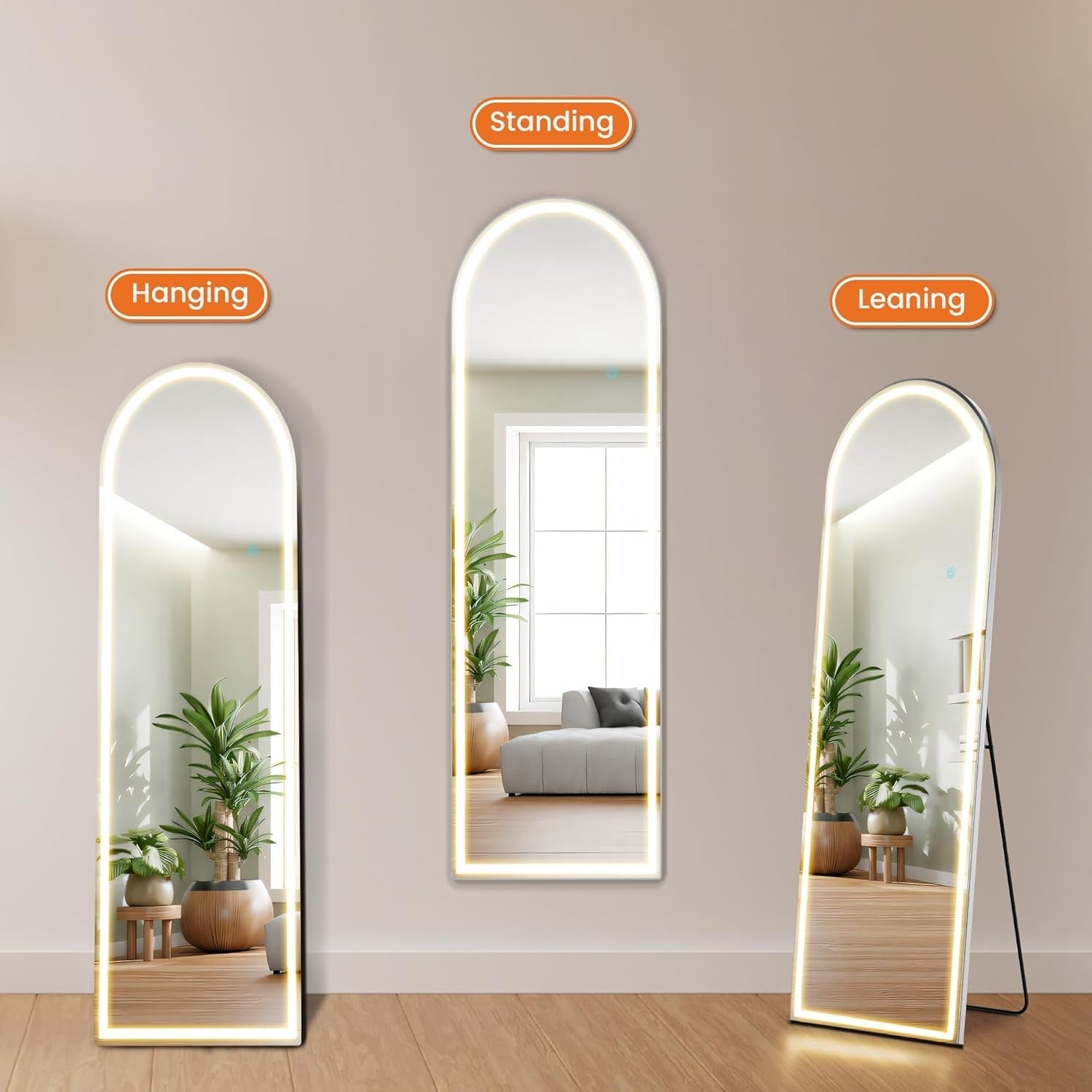 Arched Full Length LED Mirror 61x17 Inch Dimmable 3 Color Floor Stand - Two & Gathered