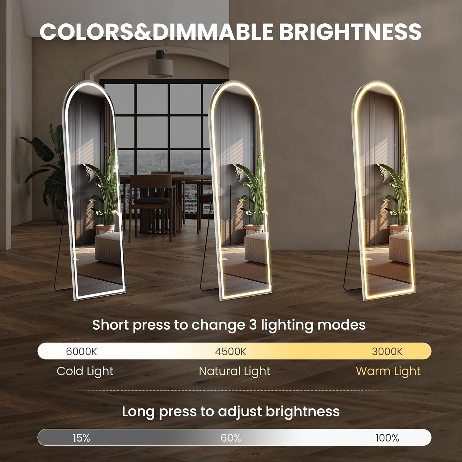 Arched Full Length LED Mirror 61x17 Inch Dimmable 3 Color Floor Stand - Two & Gathered