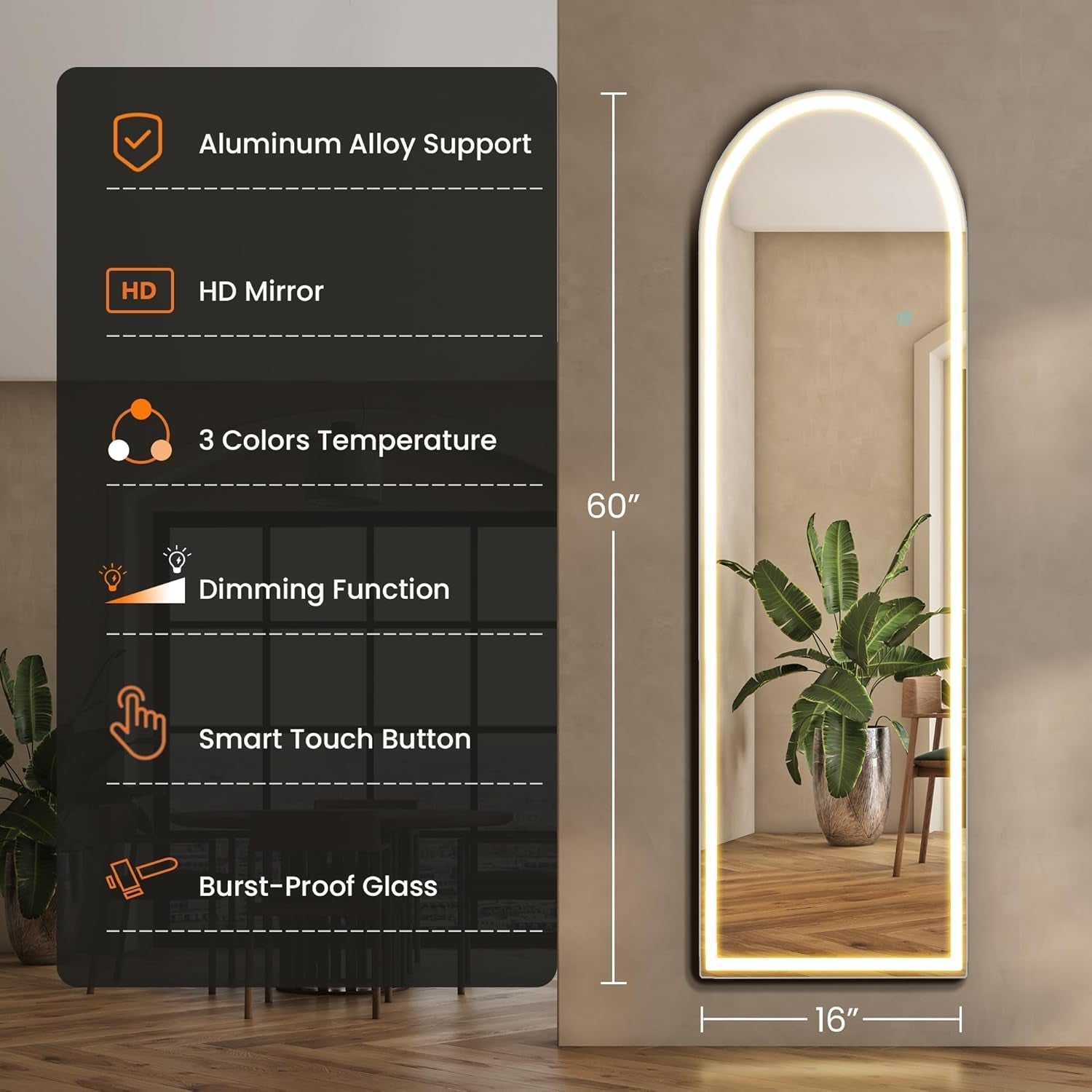 Arched Full Length LED Mirror 61x17 Inch Dimmable 3 Color Floor Stand - Two & Gathered