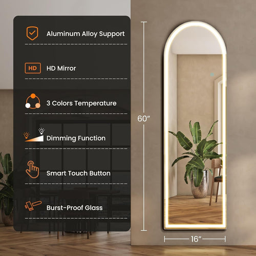 Arched Full Length LED Mirror 61x17 Inch Dimmable 3 Color Floor Stand - Two & Gathered