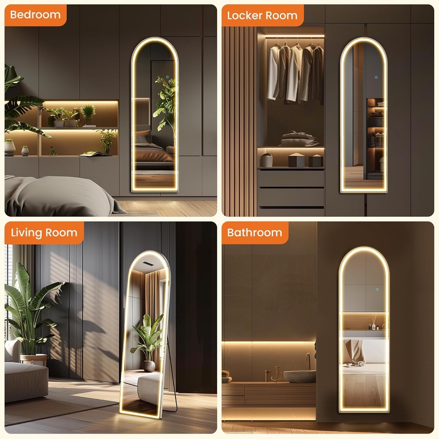 Arched Full Length LED Mirror 61x17 Inch Dimmable 3 Color Floor Stand - Two & Gathered