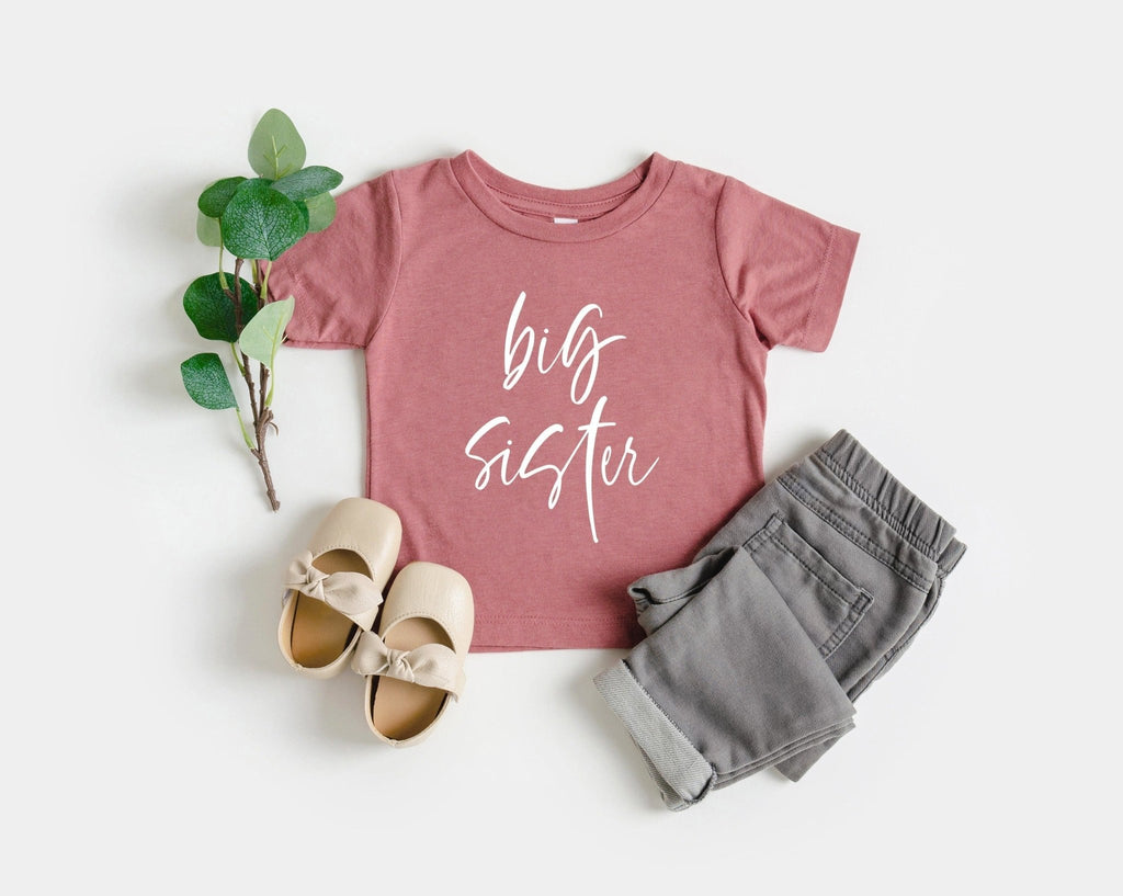 Big Sister Baby And Toddler Big sis Pregnancy Announcement T Shirt (Cursive 2) - Two & Gathered