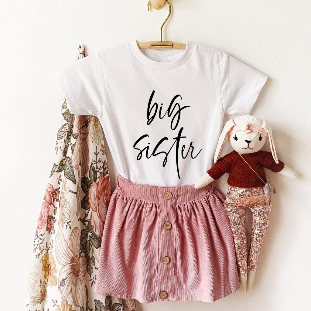 Big Sister Baby And Toddler Big sis Pregnancy Announcement T Shirt (Cursive 2) - Two & Gathered