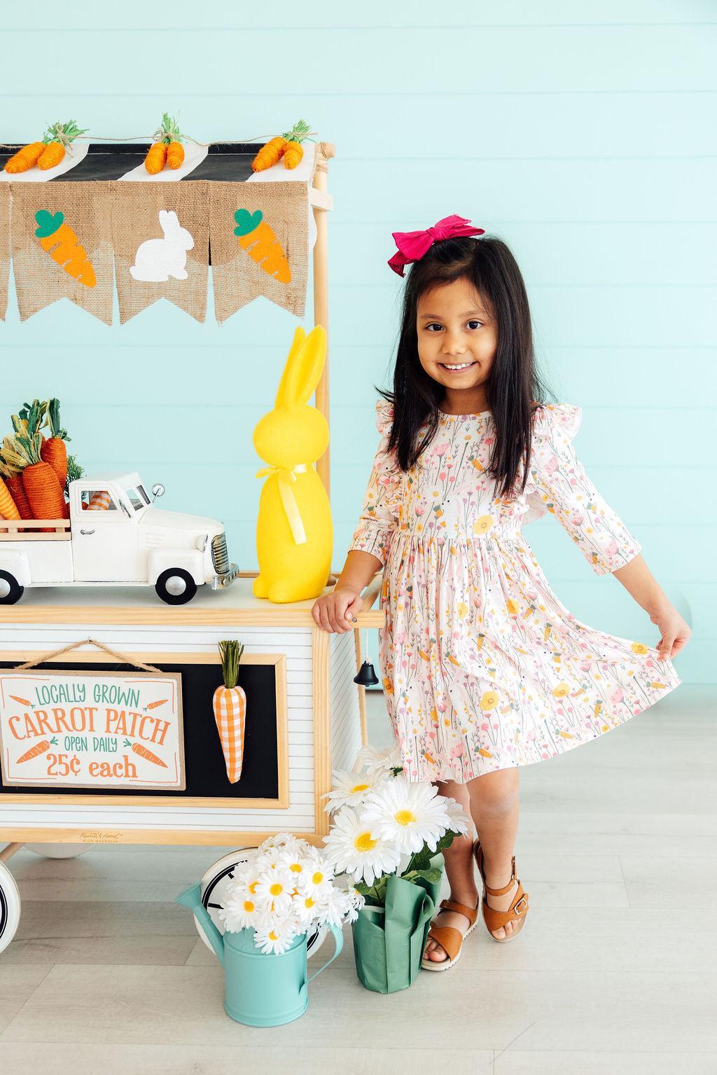 Carrot Cutie 3/4 Sleeve Ruffle Twirl Dress - Two & Gathered