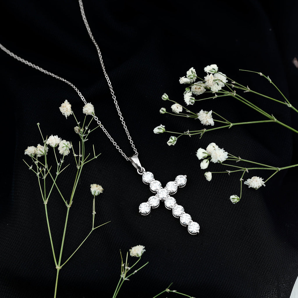 Certified Cubic Zirconia Christian Cross Necklace With Silver Chain - Two & Gathered