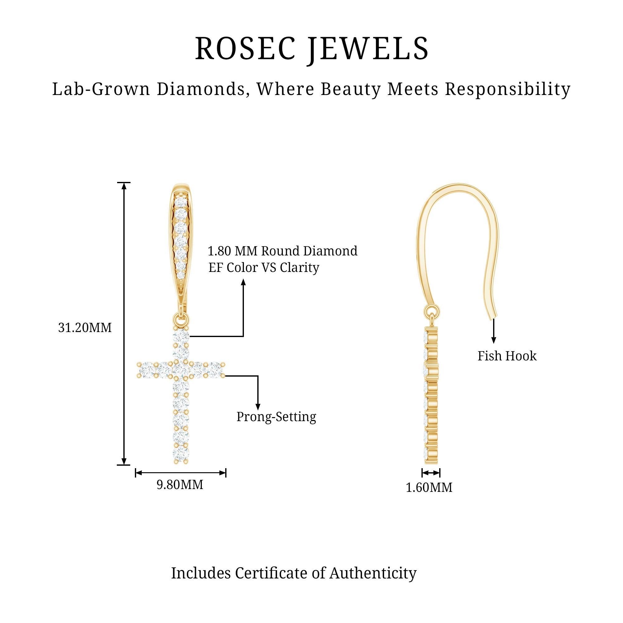 Certified Lab Grown Diamond Cross Fish Hook Earrings - Two & Gathered