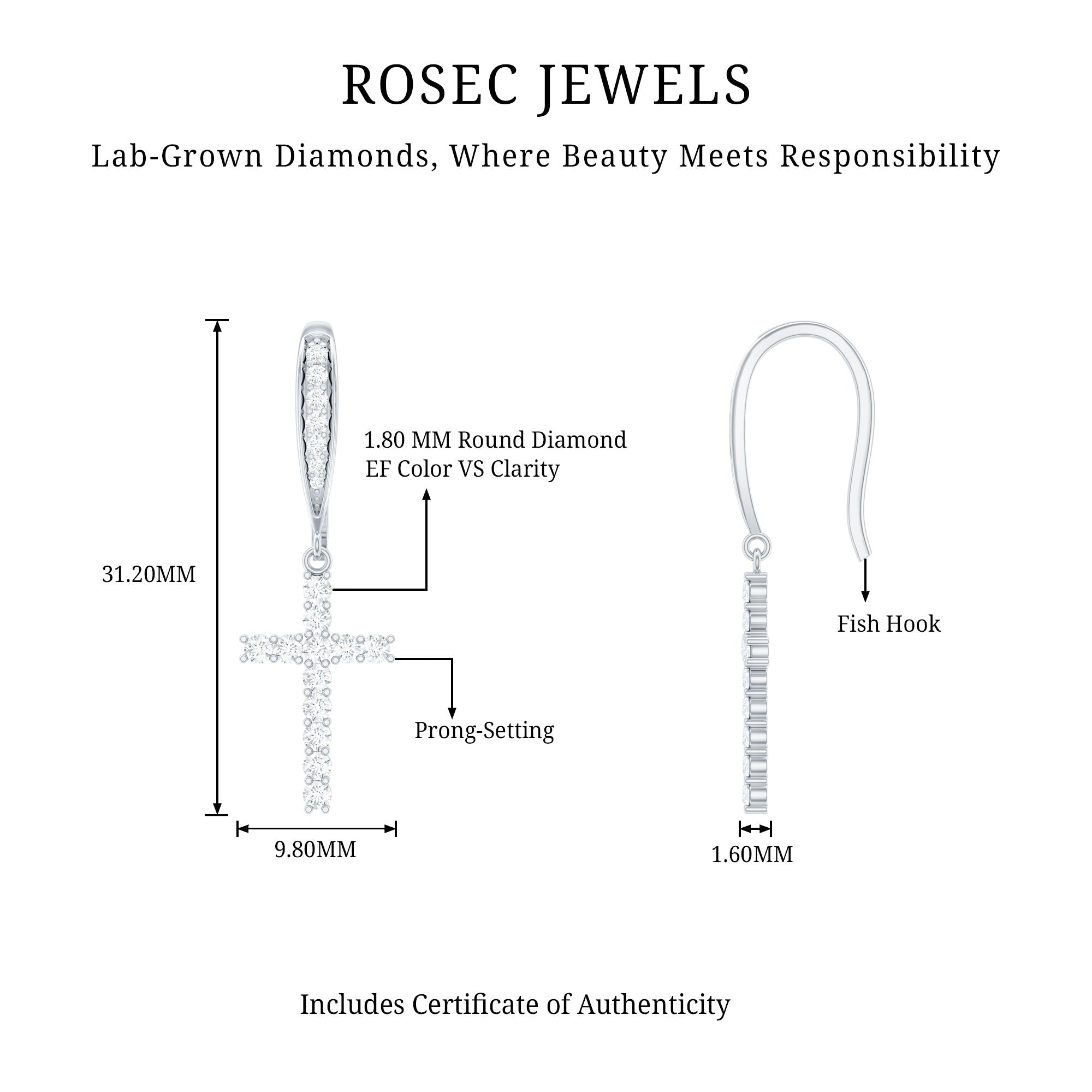 Certified Lab Grown Diamond Cross Fish Hook Earrings - Two & Gathered