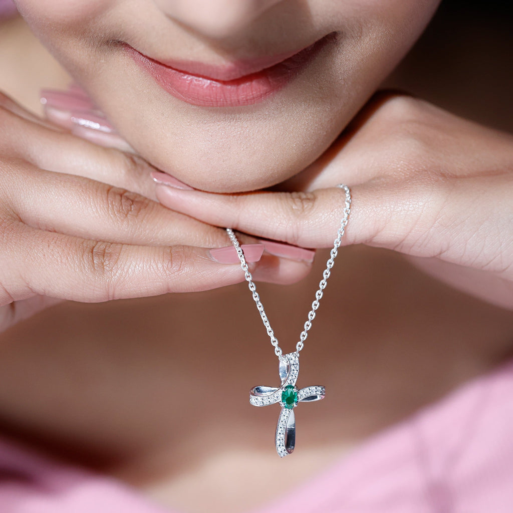 Certified Lab Grown Emerald Christian Cross Necklace With Silver Chain - Two & Gathered