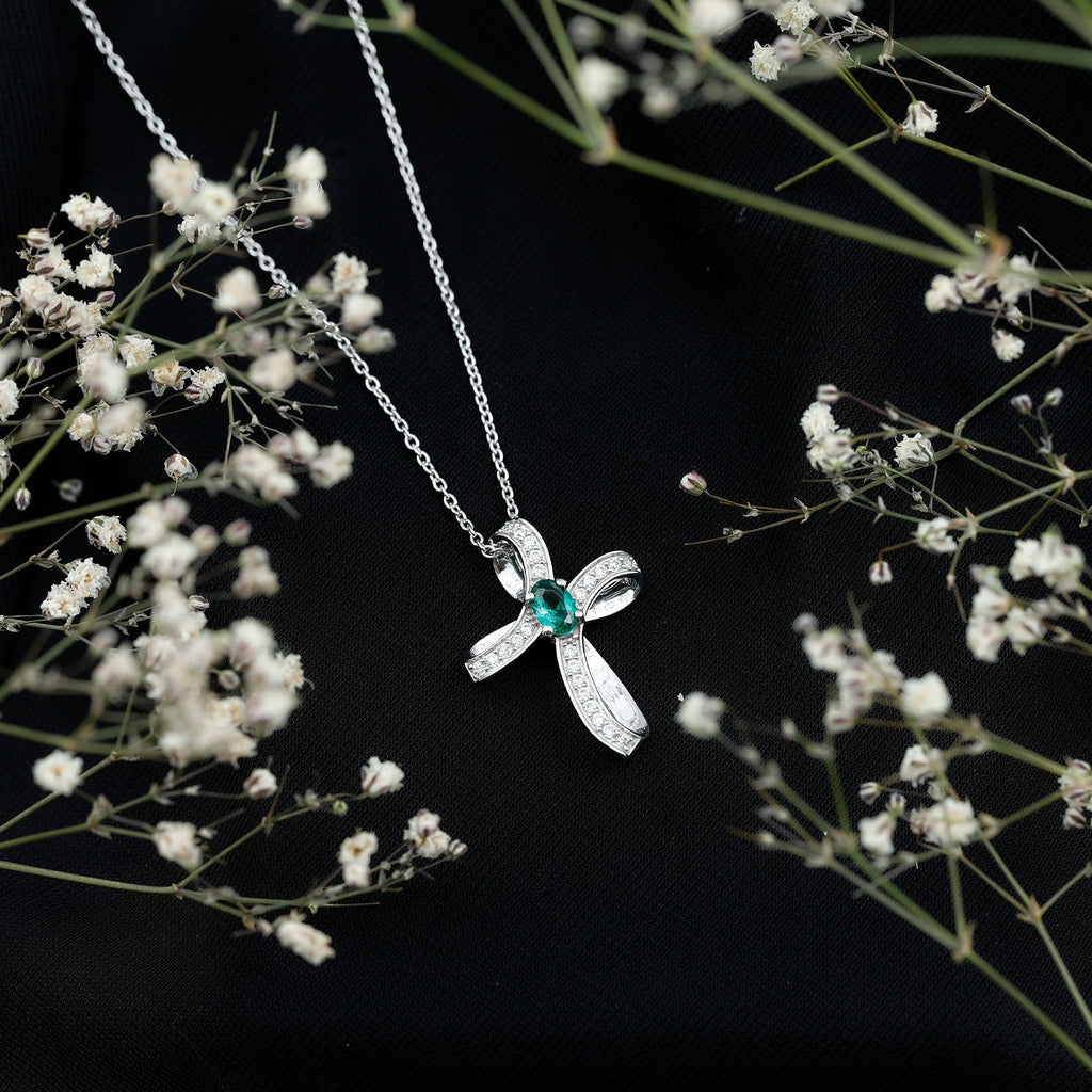 Certified Lab Grown Emerald Christian Cross Necklace With Silver Chain - Two & Gathered