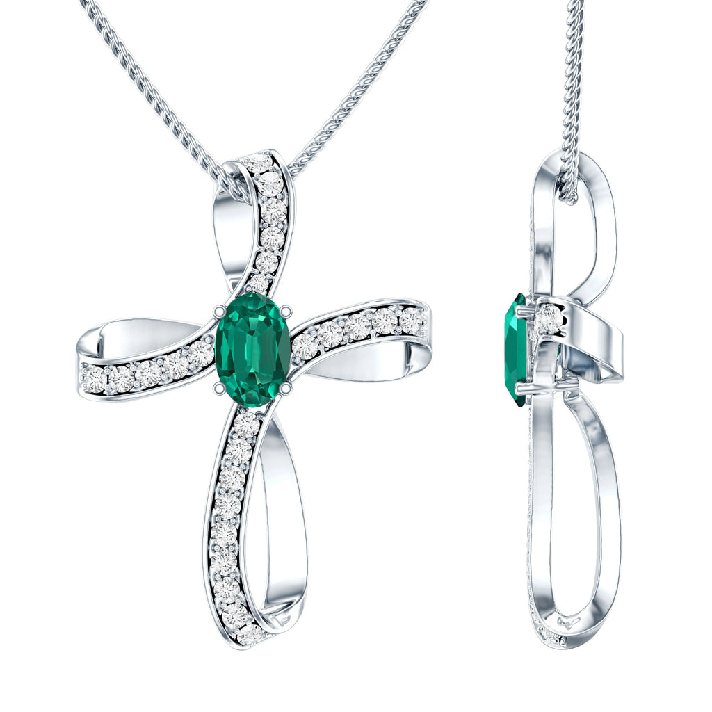 Certified Lab Grown Emerald Christian Cross Necklace With Silver Chain - Two & Gathered