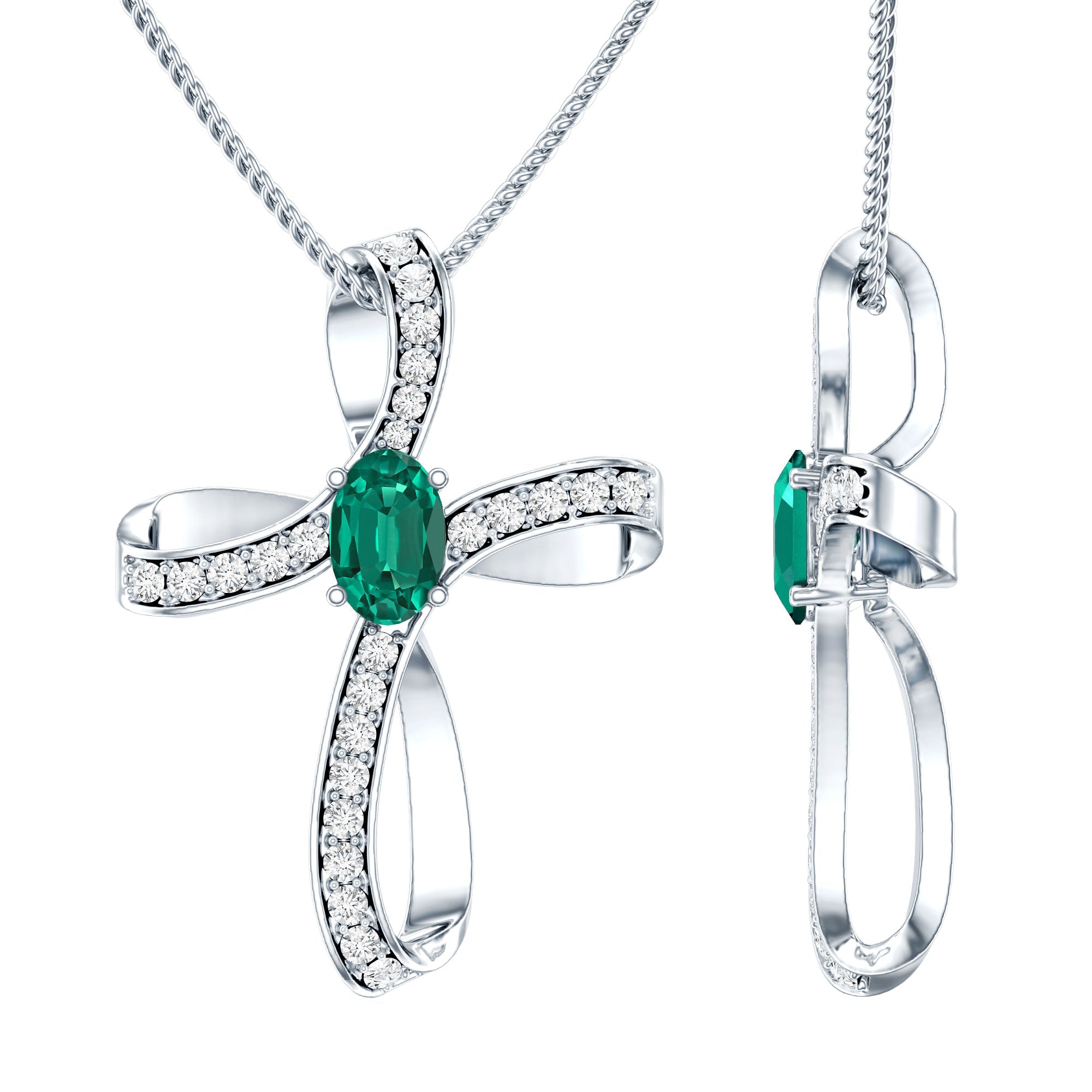 Certified Lab Grown Emerald Christian Cross Necklace With Silver Chain - Two & Gathered