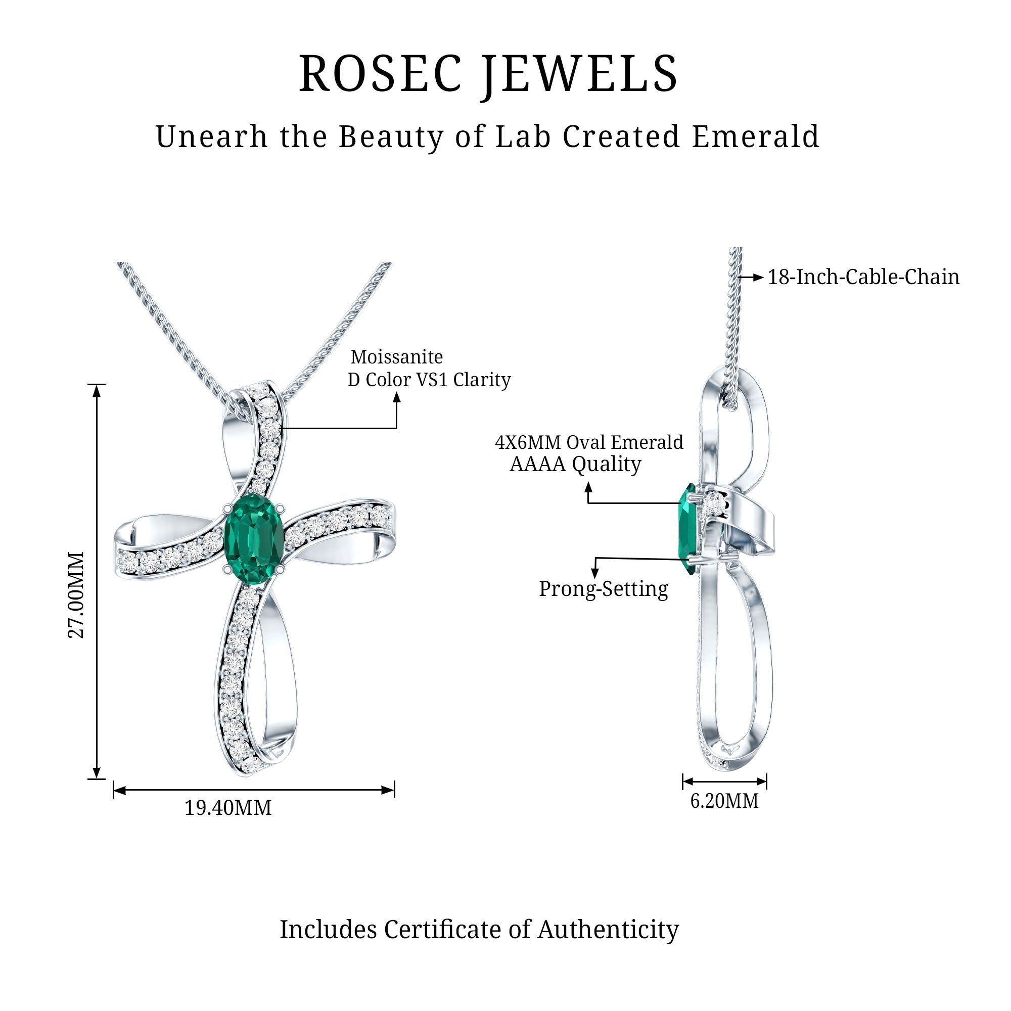 Certified Lab Grown Emerald Christian Cross Necklace With Silver Chain - Two & Gathered