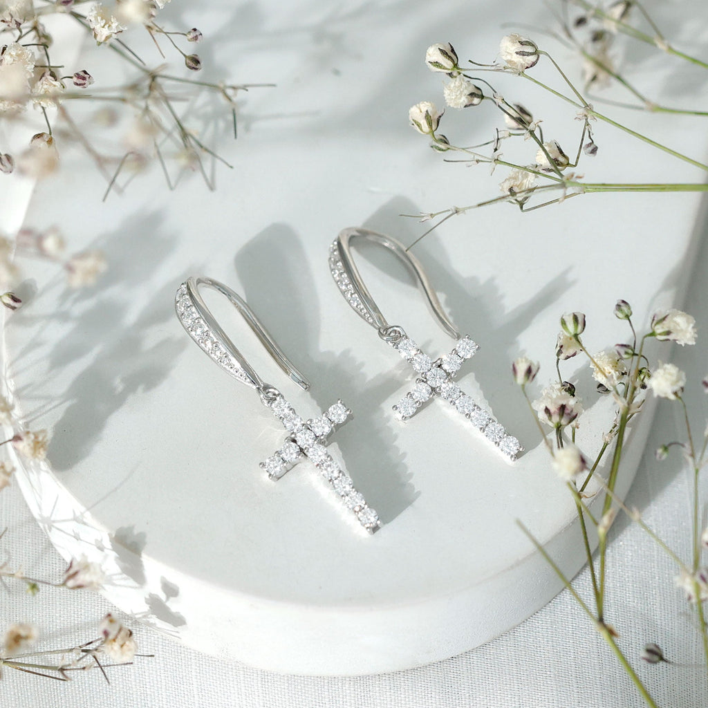 Certified Moissanite Cross Dangle Earrings in Sterling Silver - Two & Gathered