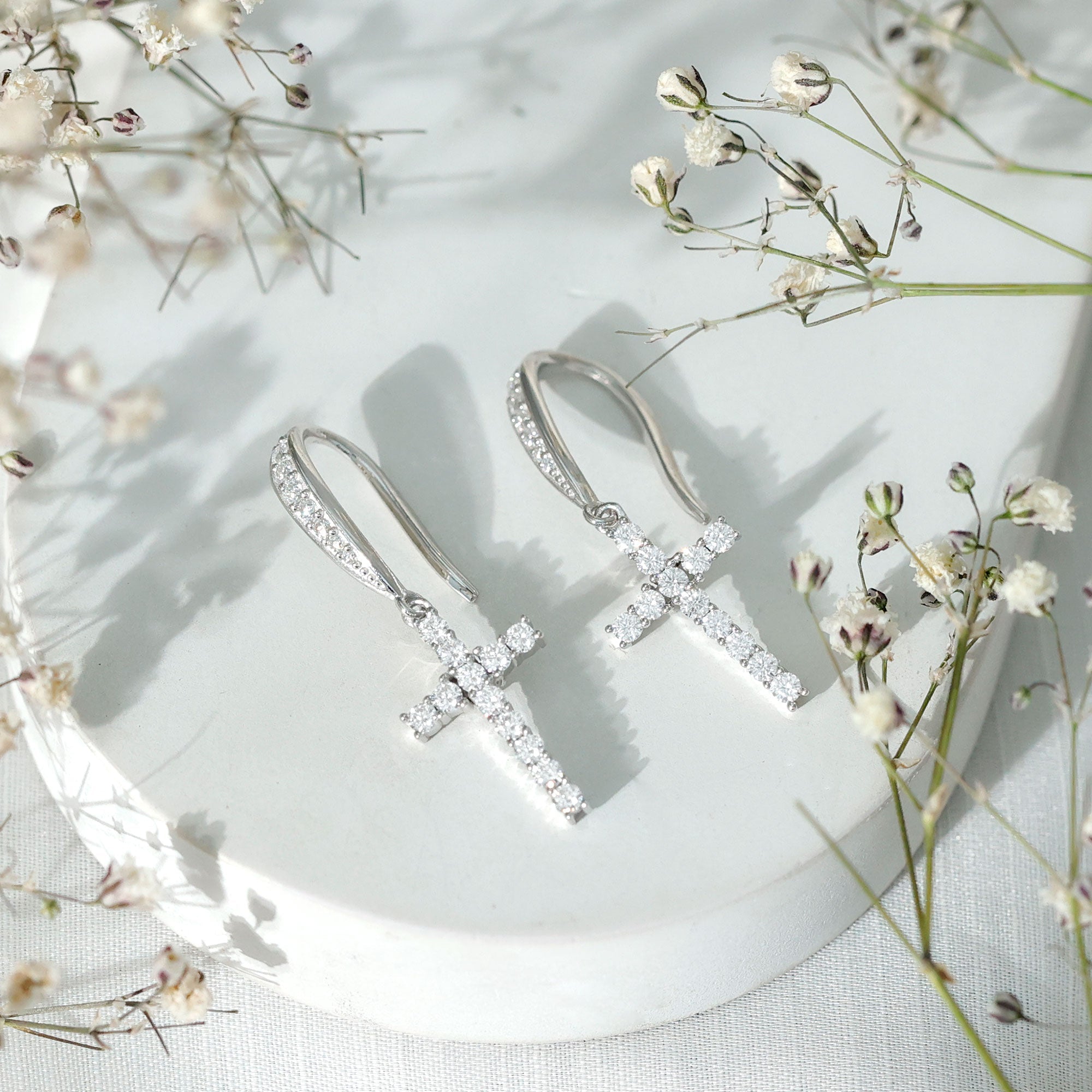 Certified Moissanite Cross Dangle Earrings in Sterling Silver - Two & Gathered