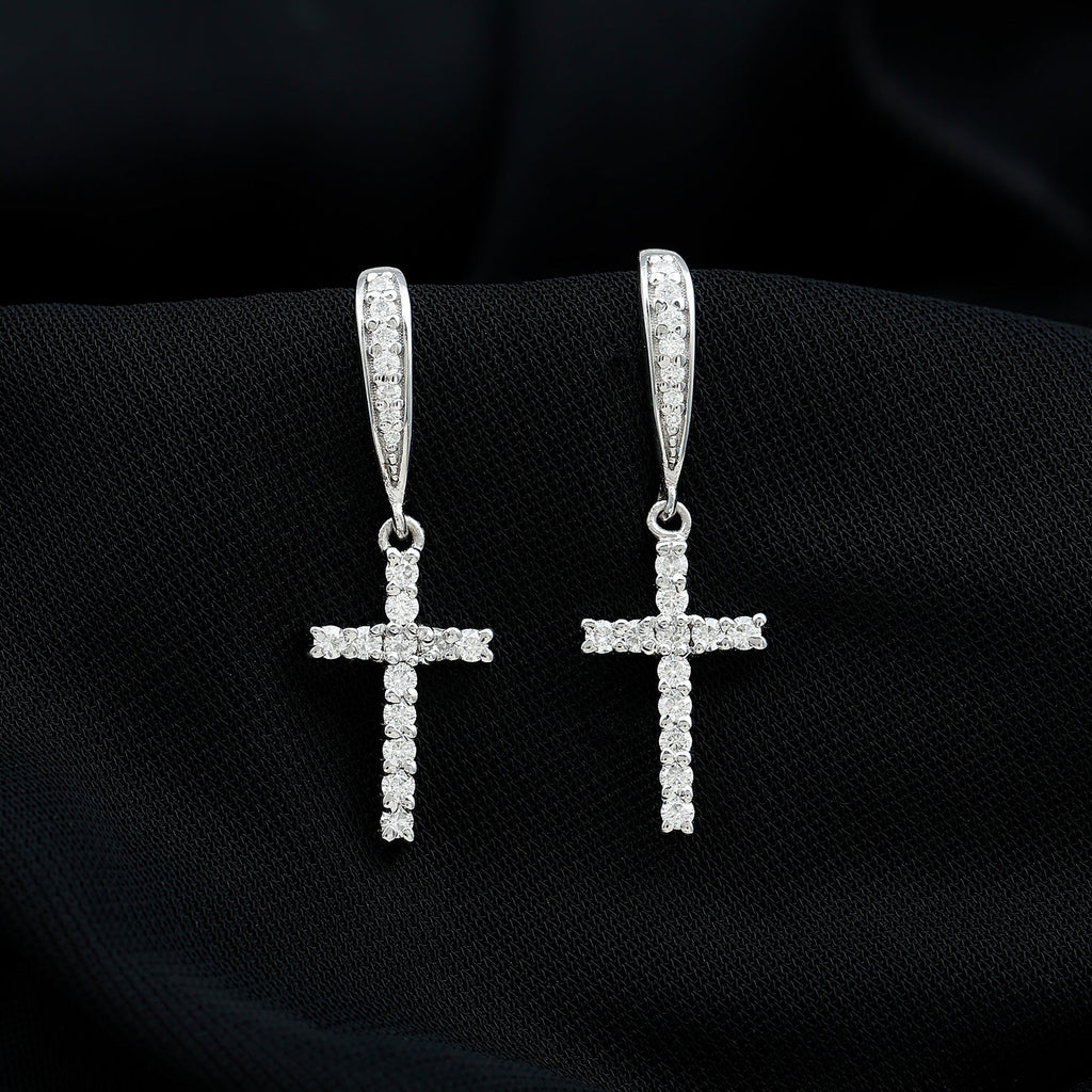 Certified Moissanite Cross Dangle Earrings in Sterling Silver - Two & Gathered