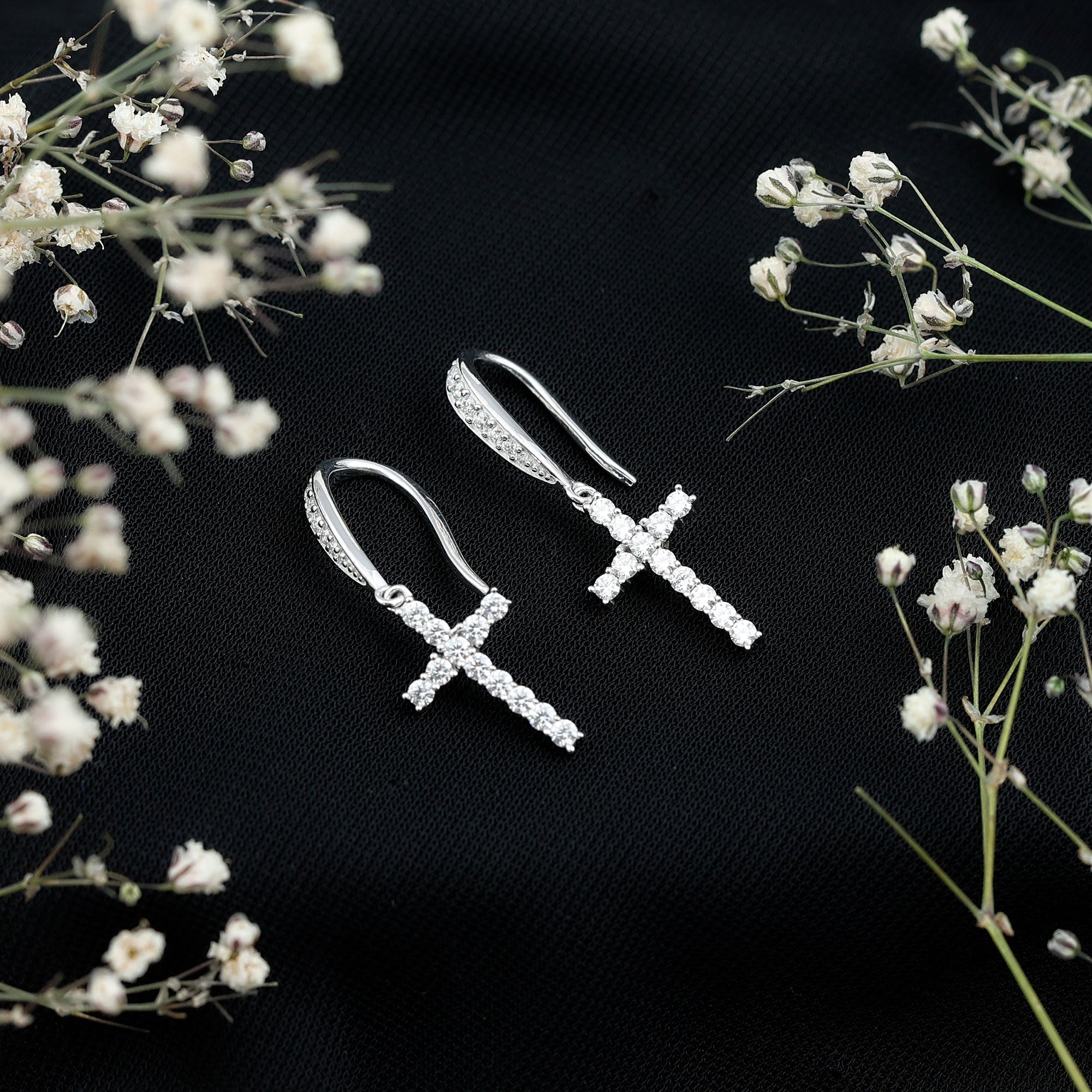 Certified Moissanite Cross Dangle Earrings in Sterling Silver - Two & Gathered
