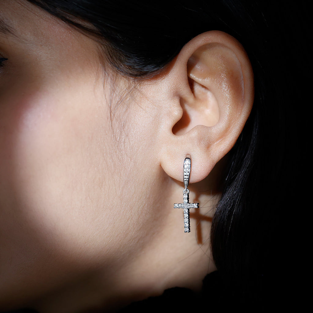 Certified Moissanite Cross Dangle Earrings in Sterling Silver - Two & Gathered