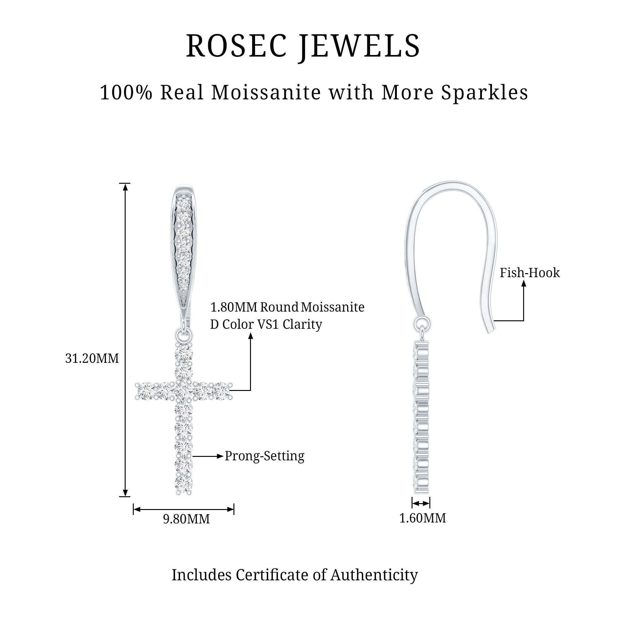 Certified Moissanite Cross Dangle Earrings in Sterling Silver - Two & Gathered