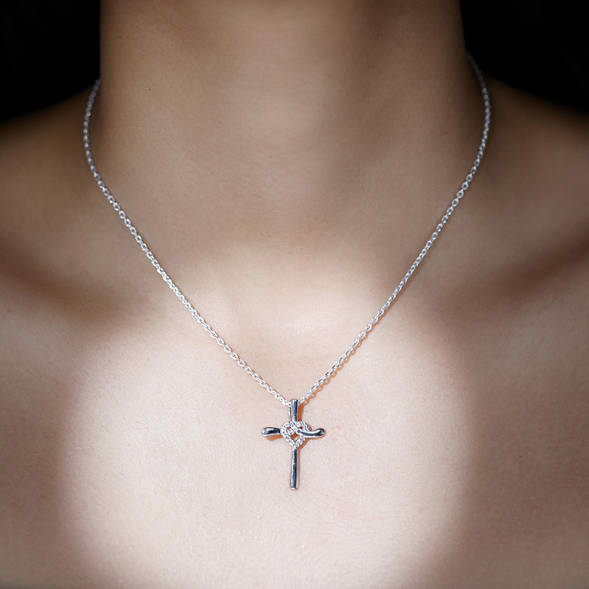 Certified Moissanite Cross Heart Pendant Necklace with Silver Chain - Two & Gathered