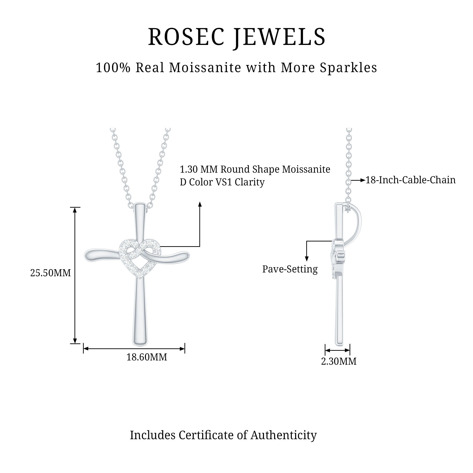 Certified Moissanite Cross Heart Pendant Necklace with Silver Chain - Two & Gathered