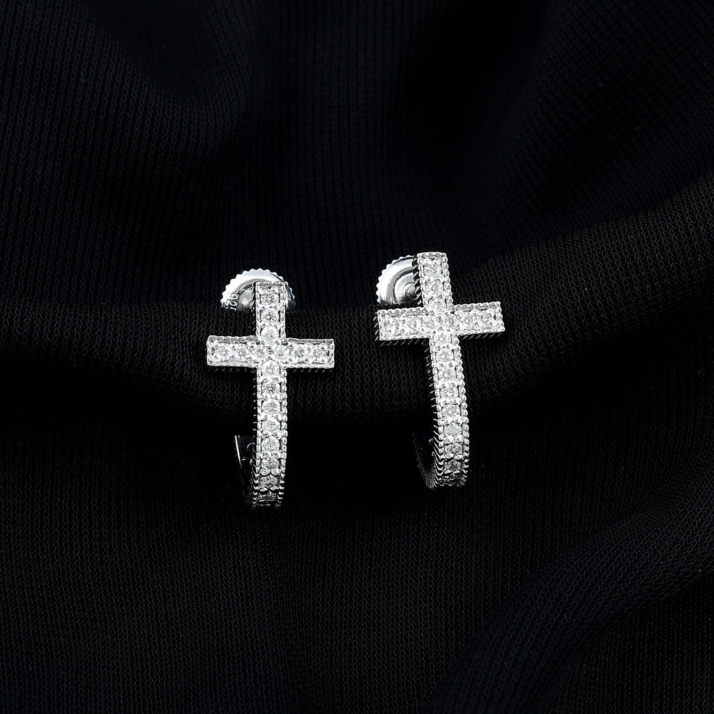 Certified Moissanite Cross J Hoop Earrings in Sterling Silver - Two & Gathered