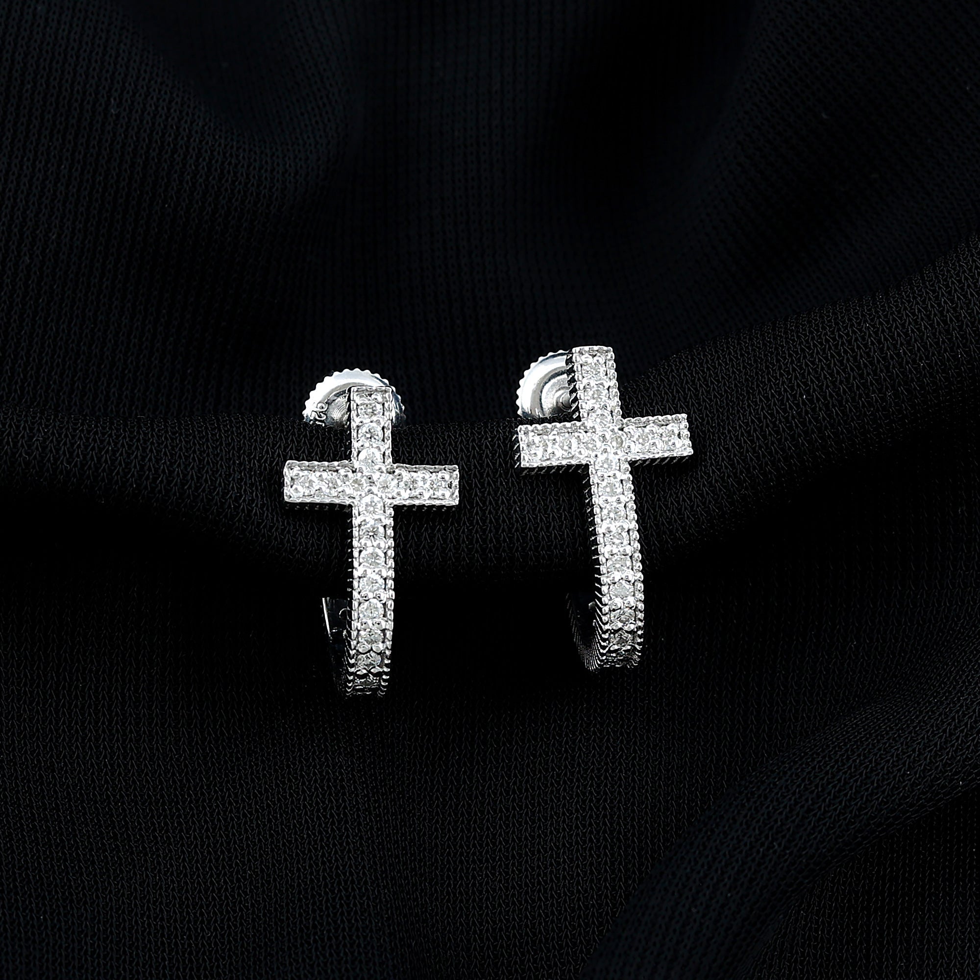 Certified Moissanite Cross J Hoop Earrings in Sterling Silver - Two & Gathered