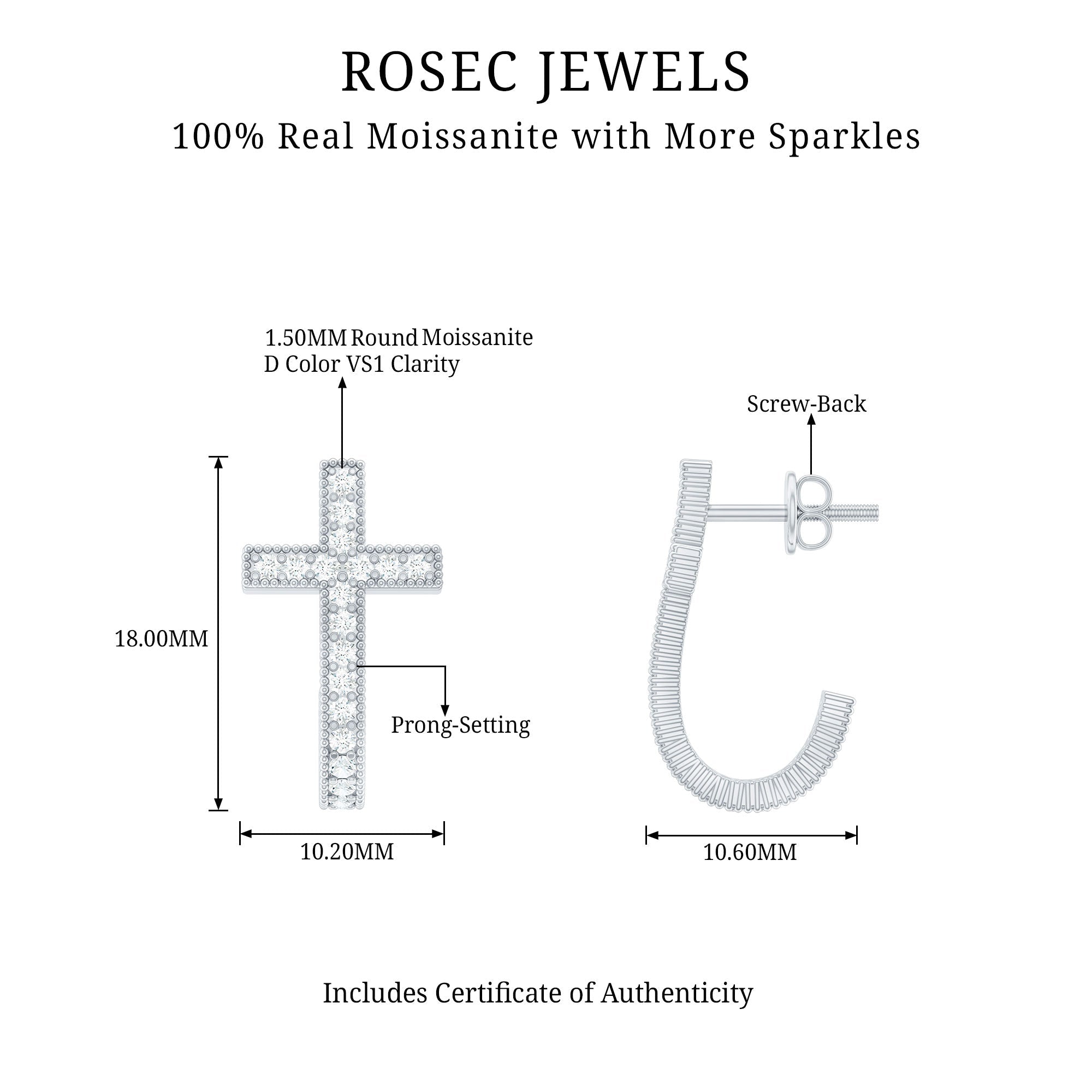 Certified Moissanite Cross J Hoop Earrings in Sterling Silver - Two & Gathered