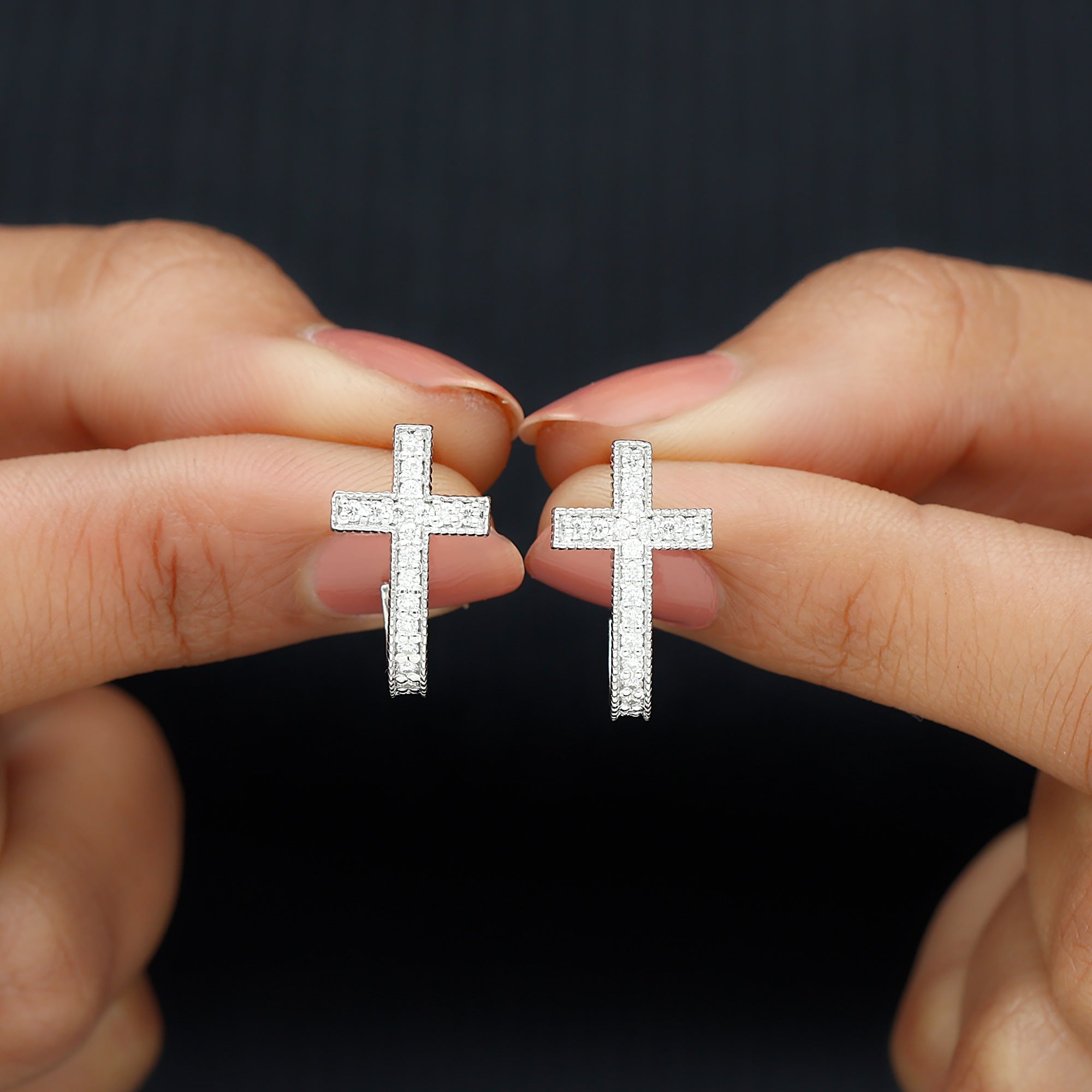 Certified Moissanite Cross J Hoop Earrings in Sterling Silver - Two & Gathered