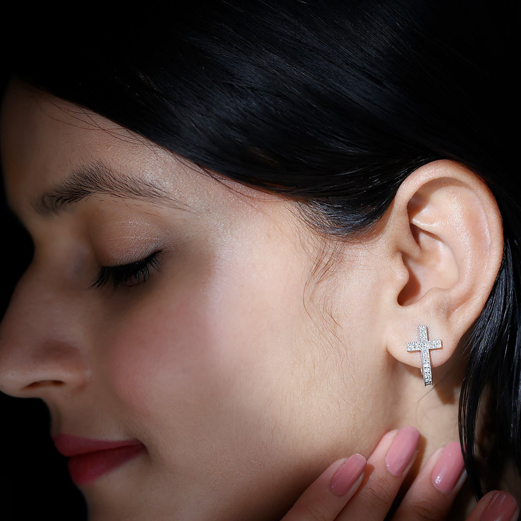 Certified Moissanite Cross J Hoop Earrings in Sterling Silver - Two & Gathered