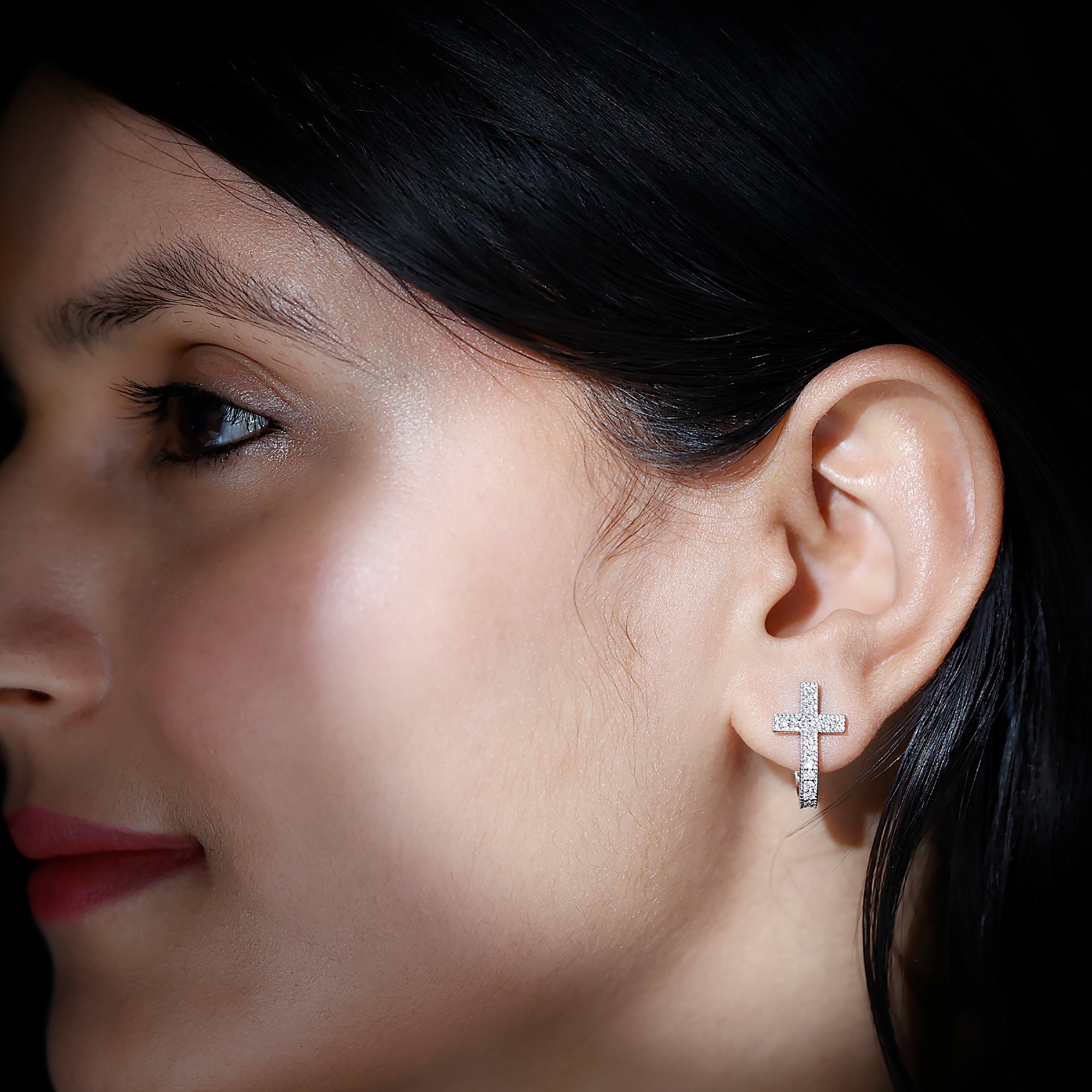 Certified Moissanite Cross J Hoop Earrings in Sterling Silver - Two & Gathered