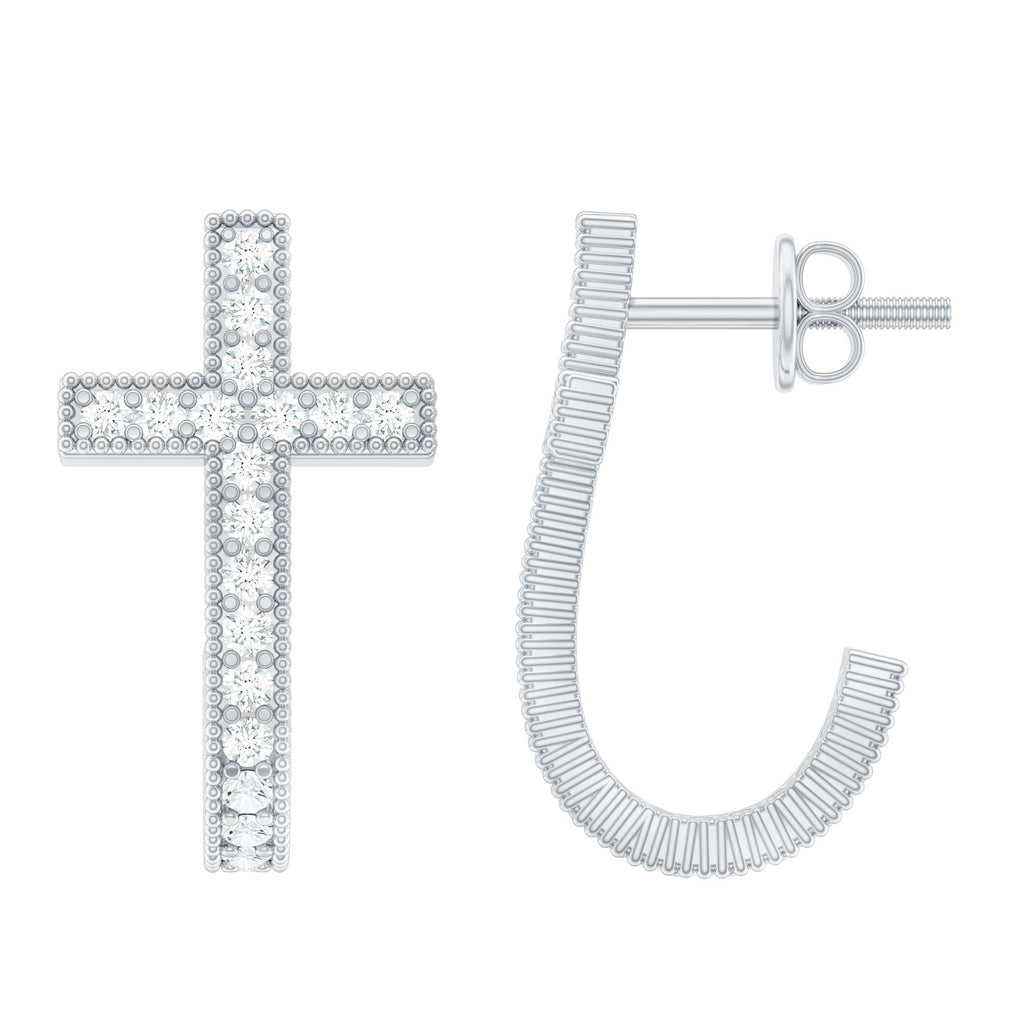 Certified Moissanite Cross J Hoop Earrings in Sterling Silver - Two & Gathered