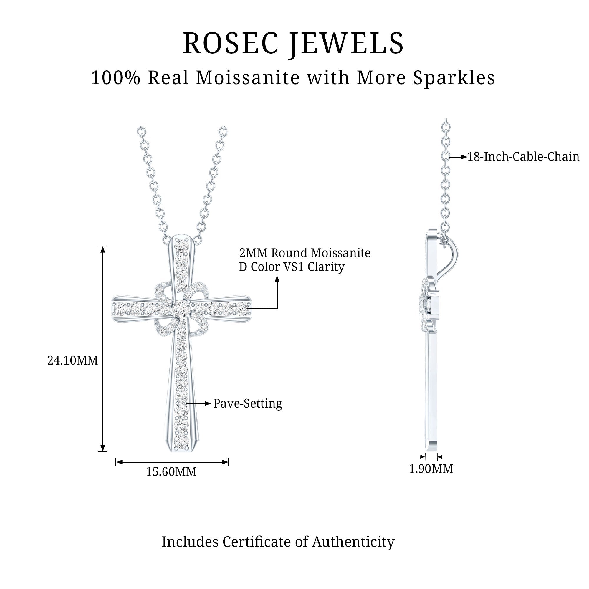 Certified Moissanite Cross Pendant with Silver Chain - Two & Gathered