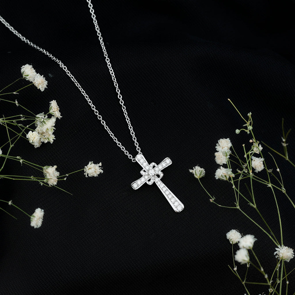 Certified Moissanite Cross Pendant with Silver Chain - Two & Gathered