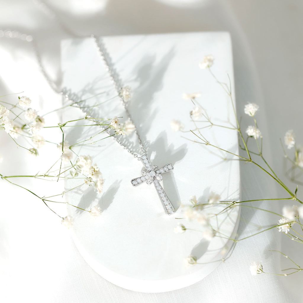 Certified Moissanite Cross Pendant with Silver Chain - Two & Gathered