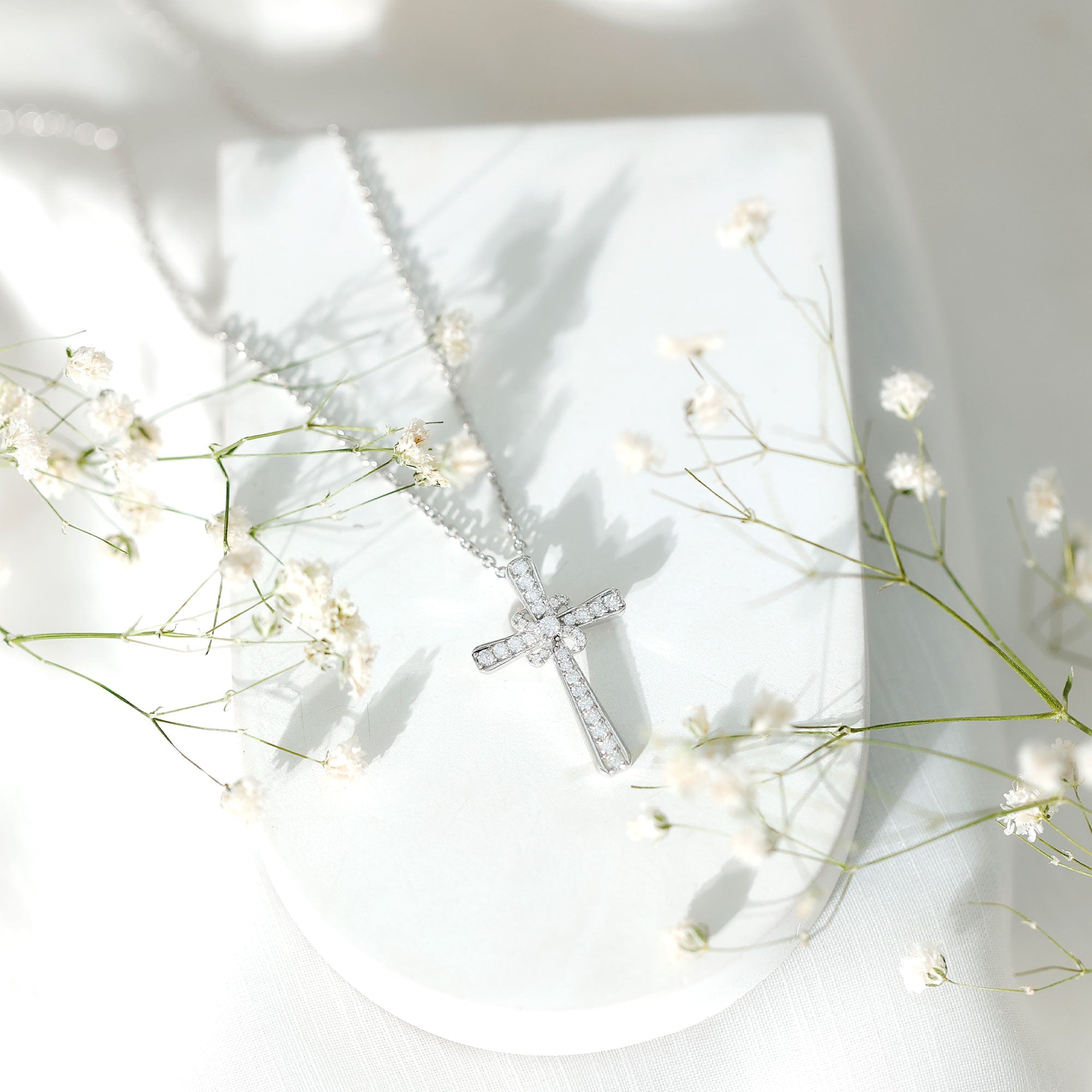 Certified Moissanite Cross Pendant with Silver Chain - Two & Gathered