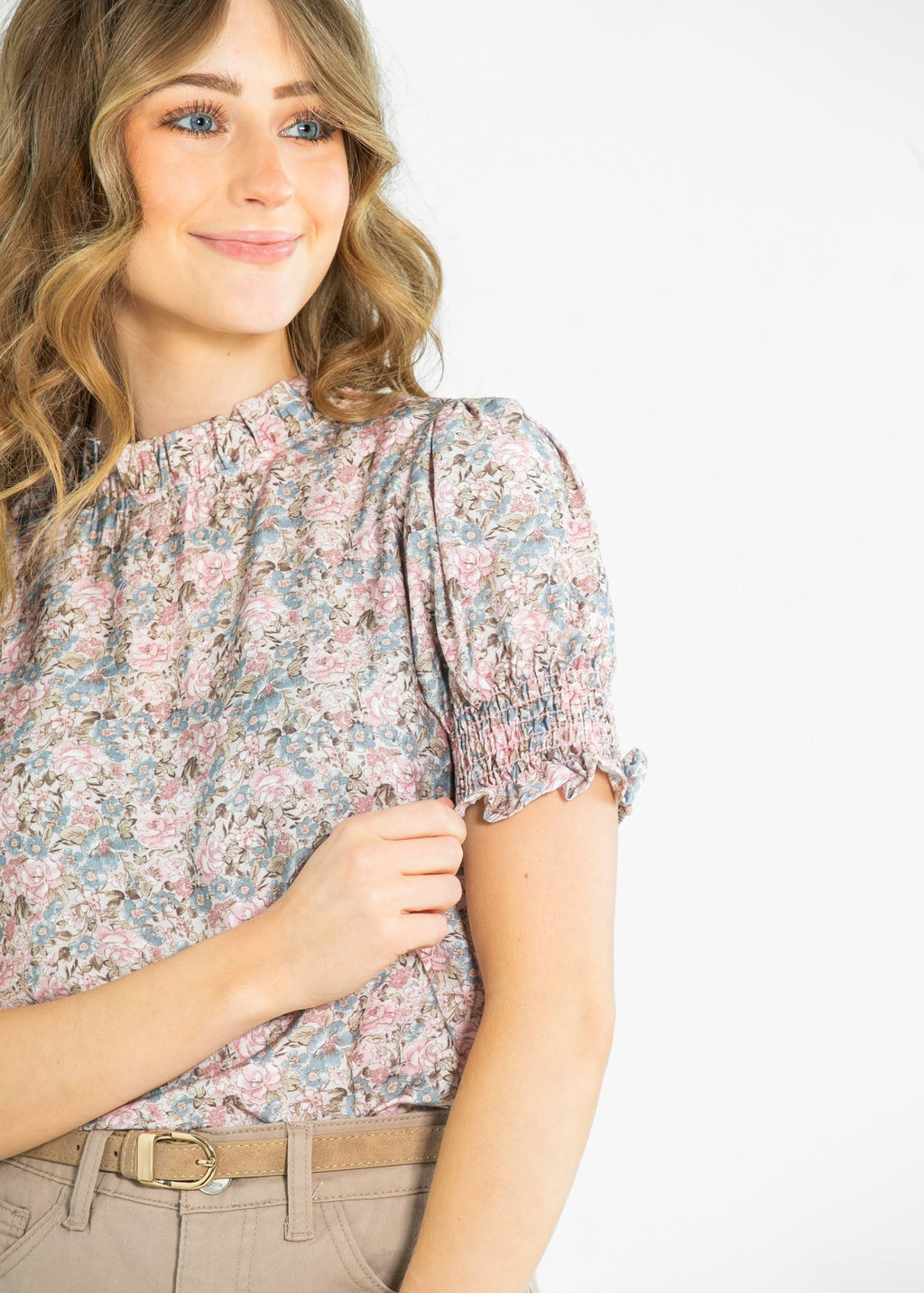 Clara Floral Ruffle Mockneck Short Sleeve Top - Two & Gathered
