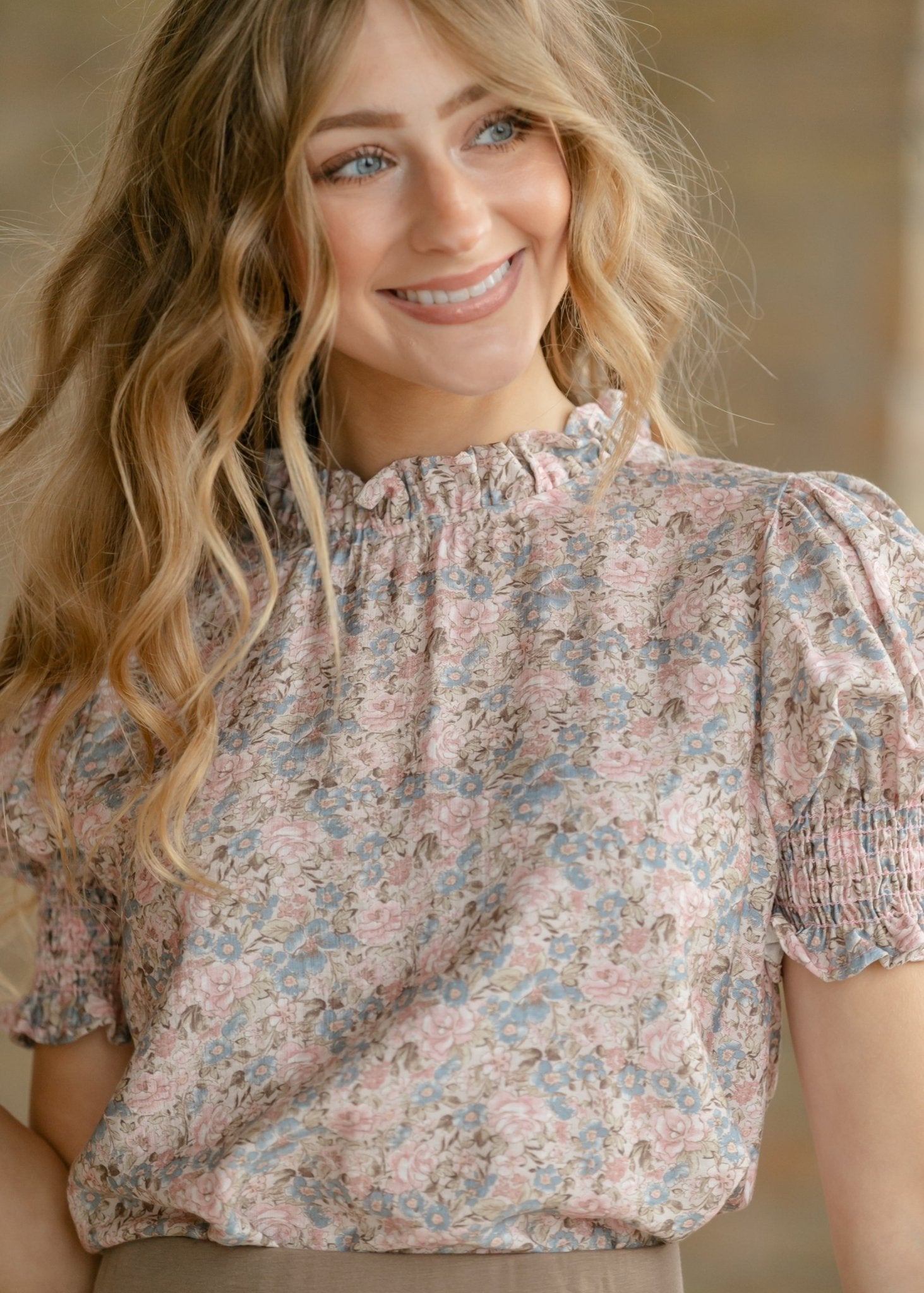 Clara Floral Ruffle Mockneck Short Sleeve Top - Two & Gathered