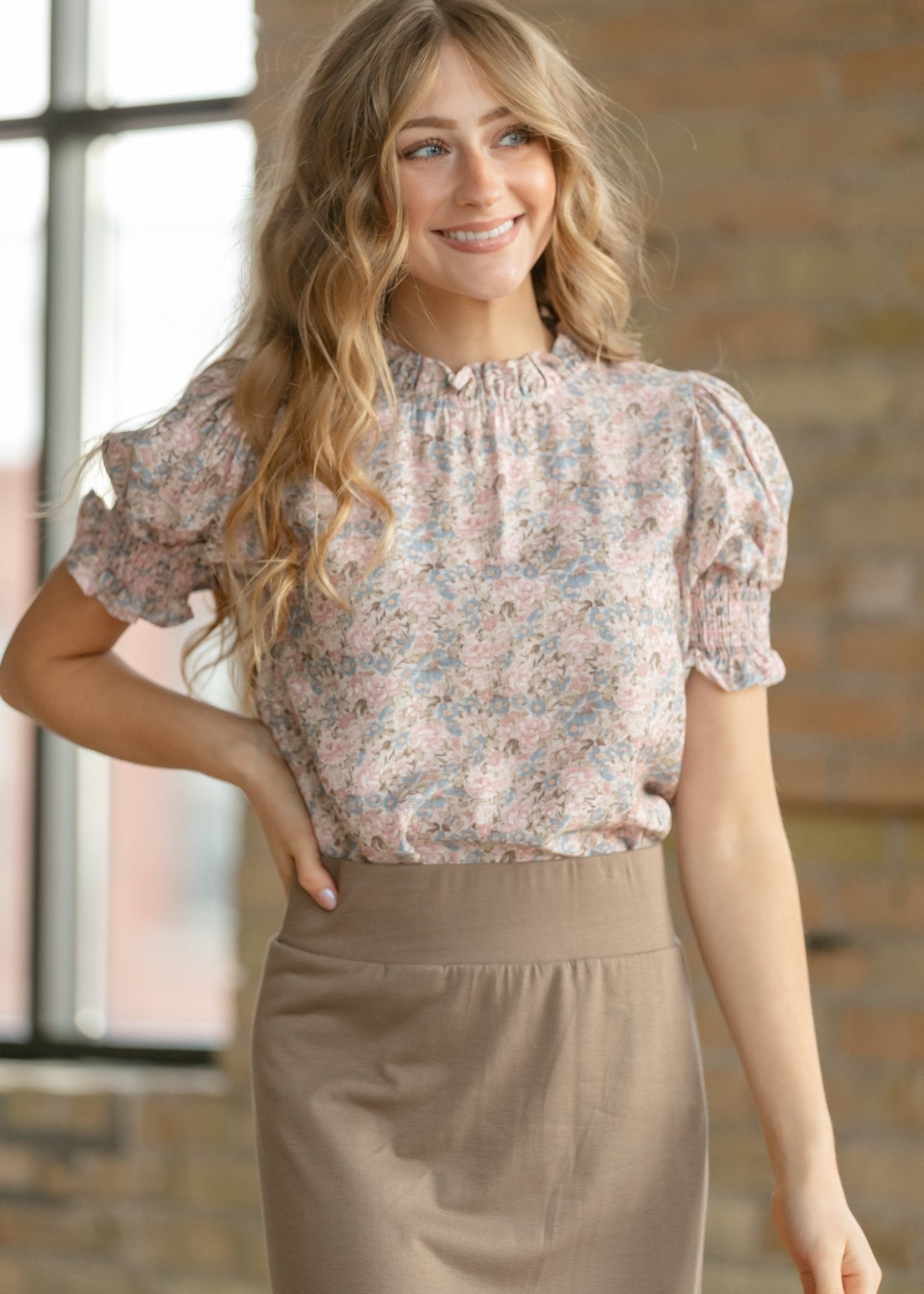 Clara Floral Ruffle Mockneck Short Sleeve Top - Two & Gathered